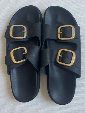 Black Leather Slide Sandals with Gold Buckles women’s ~10.5